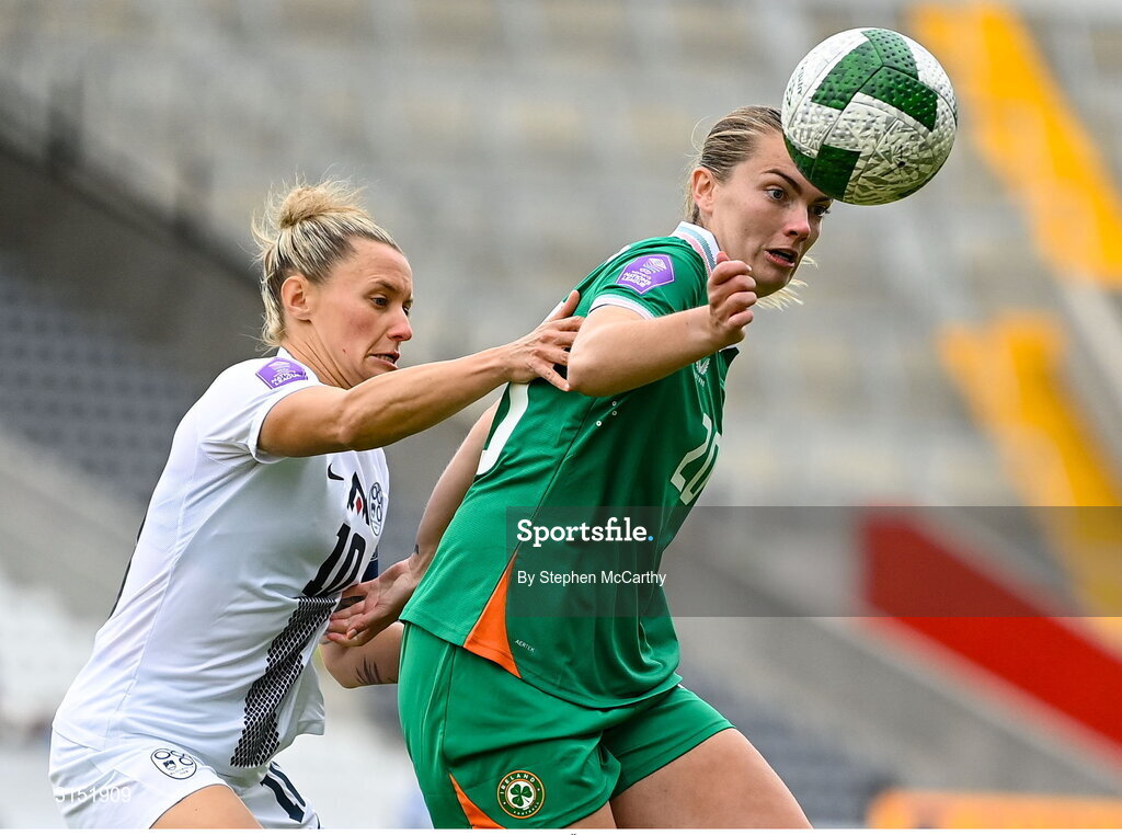 3 June 2025; Saoirse Noonan of Republic of Ireland in action against Dominika Conc of Slovenia during the UEFA Women's Nations League, League B match between Republic of Ireland and Slovenia at Páirc Uí Chaoimh in Cork. Photo by Stephen McCarthy/Sportsfile