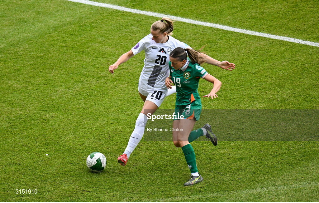 3 June 2025; Abbie Larkin of Republic of Ireland in action against Zara Kramžar of Slovenia during the UEFA Women's Nations League, League B match between Republic of Ireland and Slovenia at Páirc Uí Chaoimh in Cork. Photo by Shauna Clinton/Sportsfile