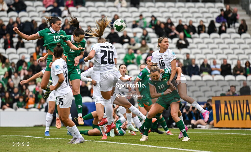 3 June 2025; Anna Patten of Republic of Ireland, 12, has a header on goal during the UEFA Women's Nations League, League B match between Republic of Ireland and Slovenia at Páirc Uí Chaoimh in Cork. Photo by David Fitzgerald/Sportsfile