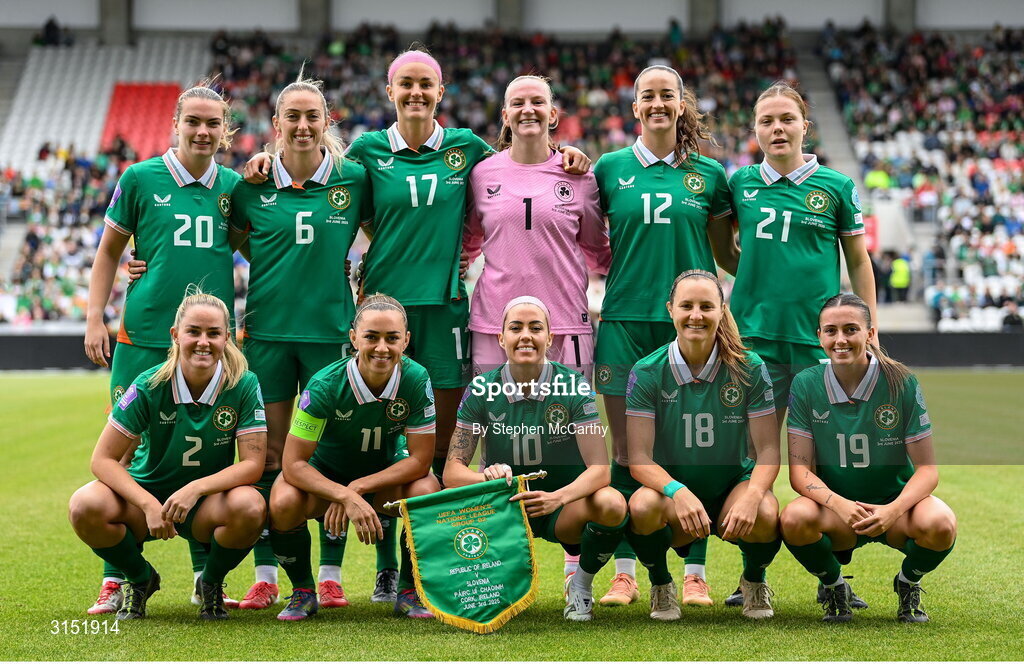 3 June 2025; The Republic of Ireland team, back row, from left, Saoirse Noonan, Megan Connolly, Caitlin Hayes, Courtney Brosnan, Anna Patten and Emily Murphy with, front, from left, Jessie Stapleton, Katie McCabe, Denise O'Sullivan, Kyra Carusa and Abbie Larkin before the UEFA Women's Nations League, League B match between Republic of Ireland and Slovenia at Páirc Uí Chaoimh in Cork. Photo by Stephen McCarthy/Sportsfile