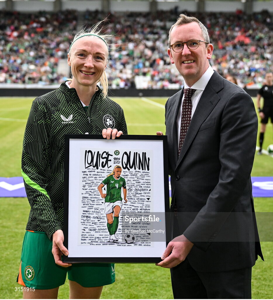 3 June 2025; FAI chief executive officer David Courell makes a presentation to Republic of Ireland international Louise Quinn on the occasion of her last international game before the UEFA Women's Nations League, League B match between Republic of Ireland and Slovenia at Páirc Uí Chaoimh in Cork.