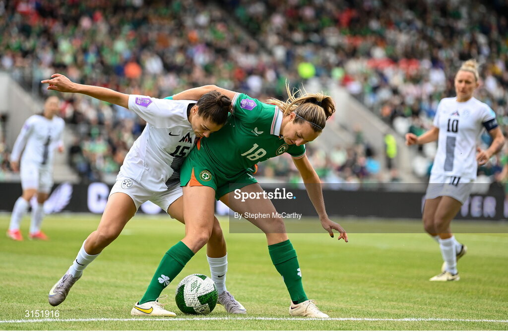 3 June 2025; Kyra Carusa of Republic of Ireland in action against Sara Makovec of Slovenia during the UEFA Women's Nations League, League B match between Republic of Ireland and Slovenia at Páirc Uí Chaoimh in Cork. Photo by Stephen McCarthy/Sportsfile