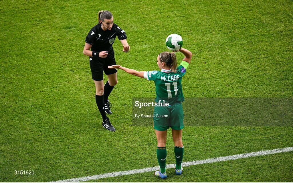 3 June 2025; Referee Miriama Bocková speaks to Katie McCabe of Republic of Ireland during the UEFA Women's Nations League, League B match between Republic of Ireland and Slovenia at Páirc Uí Chaoimh in Cork. Photo by Shauna Clinton/Sportsfile