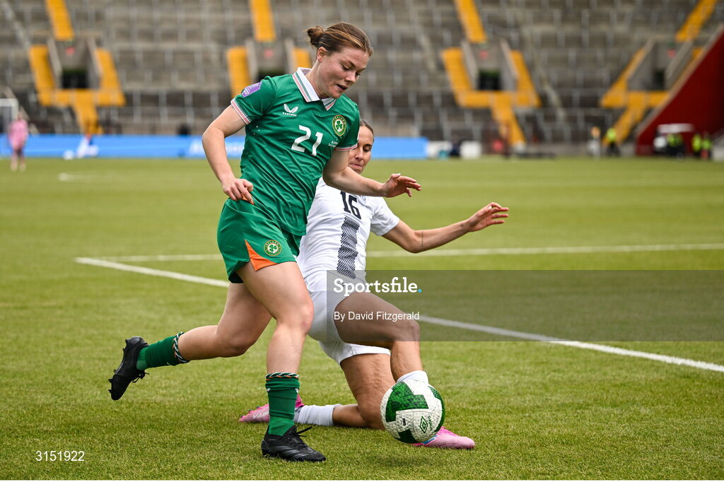 3 June 2025; Emily Murphy of Republic of Ireland in action against Kaja Eržen of Slovenia during the UEFA Women's Nations League, League B match between Republic of Ireland and Slovenia at Páirc Uí Chaoimh in Cork. Photo by David Fitzgerald/Sportsfile