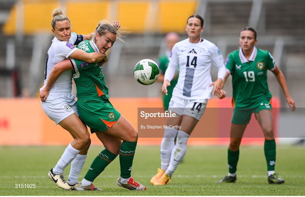 3 June 2025; Saoirse Noonan of Republic of Ireland in action against Dominika Conc of Slovenia during the UEFA Women's Nations League, League B match between Republic of Ireland and Slovenia at Páirc Uí Chaoimh in Cork. Photo by Stephen McCarthy/Sportsfile