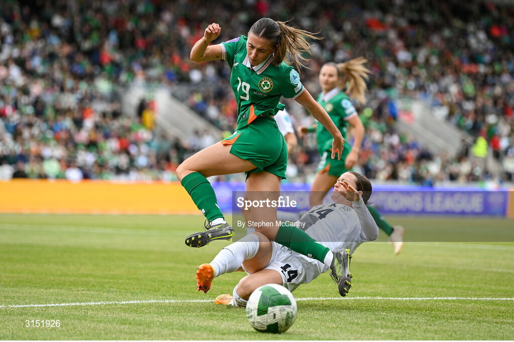 3 June 2025; Abbie Larkin of Republic of Ireland is tackled by Špela Kolbl of Slovenia during the UEFA Women's Nations League, League B match between Republic of Ireland and Slovenia at Páirc Uí Chaoimh in Cork. Photo by Stephen McCarthy/Sportsfile