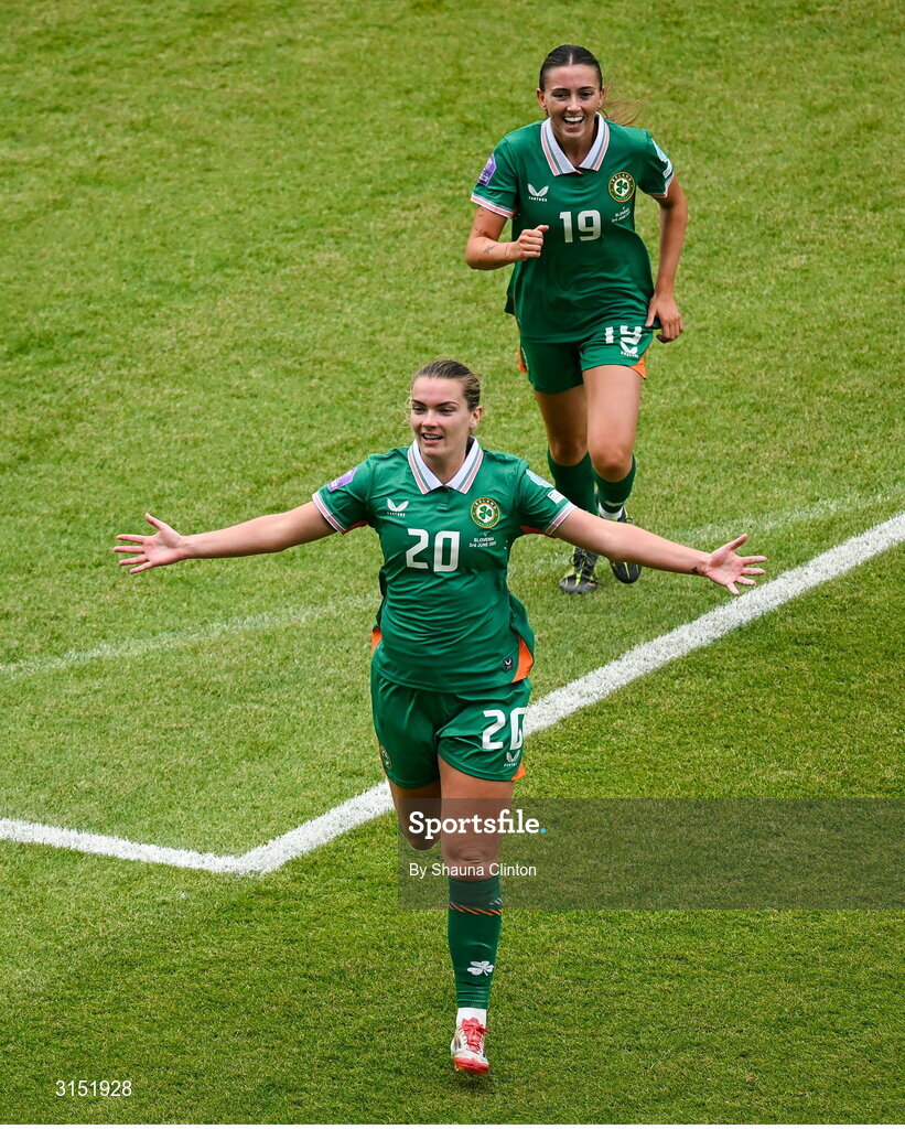 3 June 2025; Saoirse Noonan of Republic of Ireland celebrates after scoring her side's first goal during the UEFA Women's Nations League, League B match between Republic of Ireland and Slovenia at Páirc Uí Chaoimh in Cork. Photo by Shauna Clinton/Sportsfile