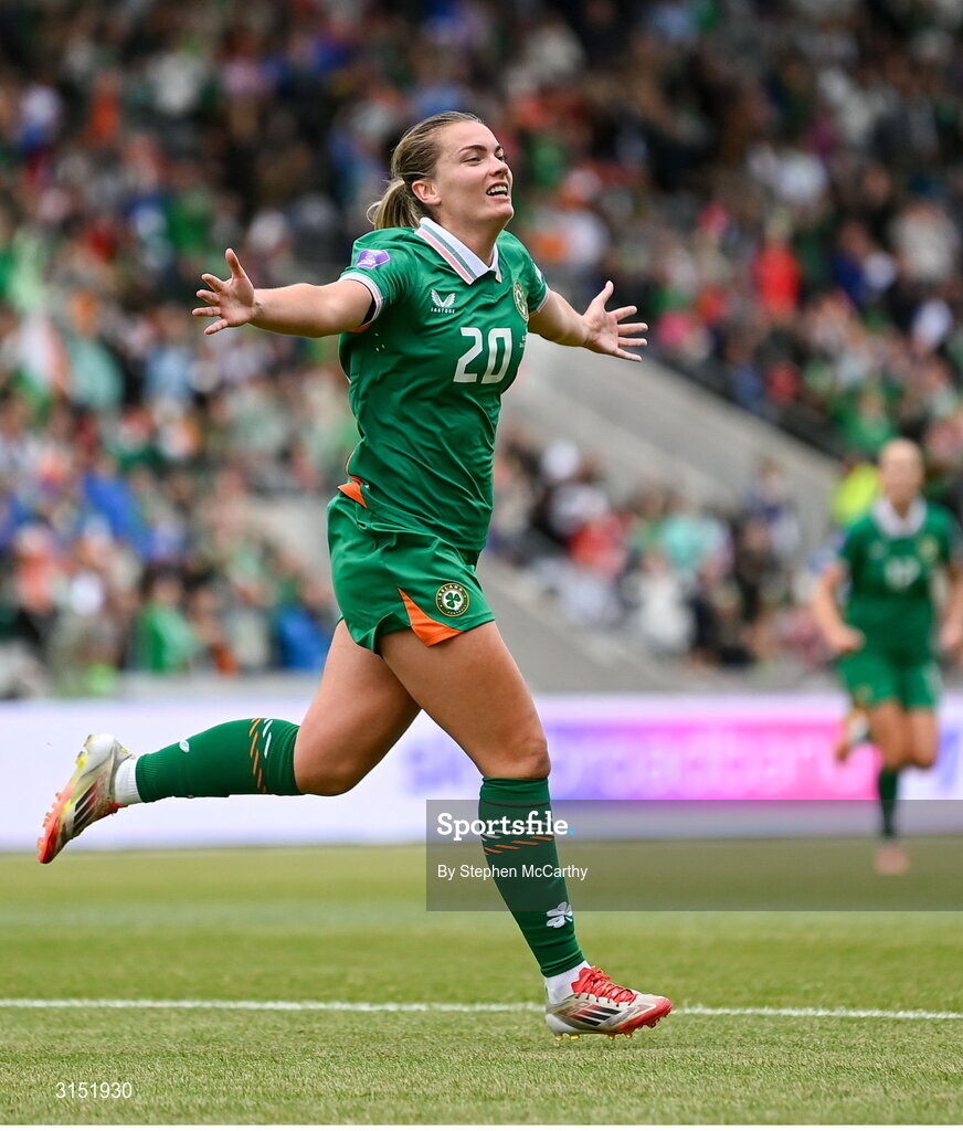 3 June 2025; Saoirse Noonan of Republic of Ireland celebrates after scoring her side's first goal during the UEFA Women's Nations League, League B match between Republic of Ireland and Slovenia at Páirc Uí Chaoimh in Cork. Photo by Stephen McCarthy/Sportsfile