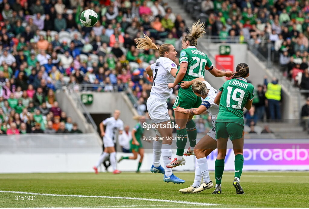 3 June 2025; Saoirse Noonan of Republic of Ireland scores her side's first goal during the UEFA Women's Nations League, League B match between Republic of Ireland and Slovenia at Páirc Uí Chaoimh in Cork. Photo by Stephen McCarthy/Sportsfile