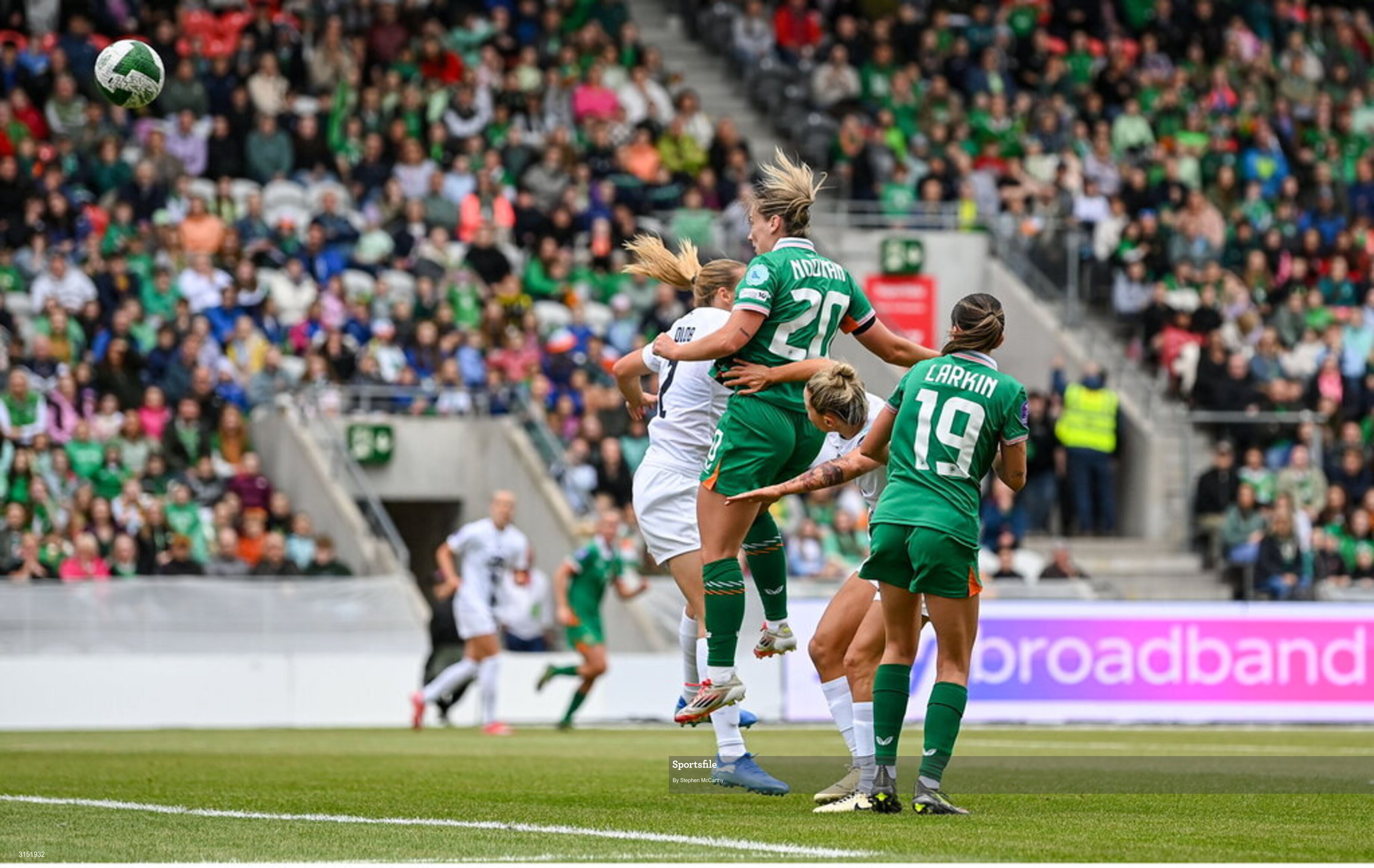 3 June 2025; Saoirse Noonan of Republic of Ireland scores her side's first goal during the UEFA Women's Nations League, League B match between Republic of Ireland and Slovenia at Páirc Uí Chaoimh in Cork. Photo by Stephen McCarthy/Sportsfile