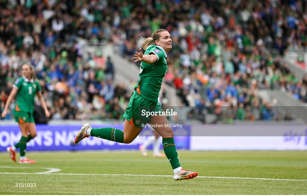3 June 2025; Saoirse Noonan of Republic of Ireland celebrates after scoring her side's first goal during the UEFA Women's Nations League, League B match between Republic of Ireland and Slovenia at Páirc Uí Chaoimh in Cork. Photo by Stephen McCarthy/Sportsfile