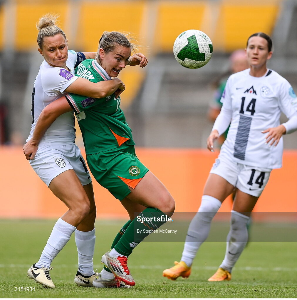 3 June 2025; Saoirse Noonan of Republic of Ireland in action against Dominika Conc of Slovenia during the UEFA Women's Nations League, League B match between Republic of Ireland and Slovenia at Páirc Uí Chaoimh in Cork. Photo by Stephen McCarthy/Sportsfile