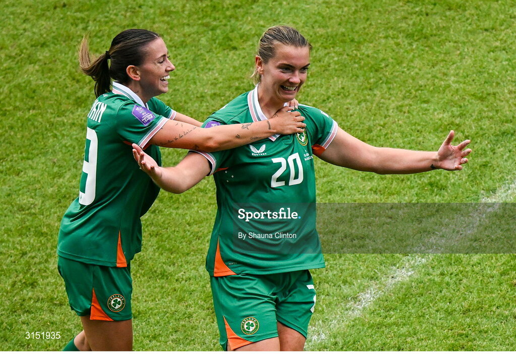 3 June 2025; Saoirse Noonan of Republic of Ireland, right, celebrates with teammate Abbie Larkin, after scoring their side's first goal during the UEFA Women's Nations League, League B match between Republic of Ireland and Slovenia at Páirc Uí Chaoimh in Cork. Photo by Shauna Clinton/Sportsfile