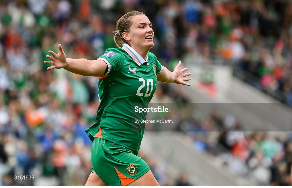 3 June 2025; Saoirse Noonan of Republic of Ireland celebrates after scoring her side's first goal during the UEFA Women's Nations League, League B match between Republic of Ireland and Slovenia at Páirc Uí Chaoimh in Cork. Photo by Stephen McCarthy/Sportsfile