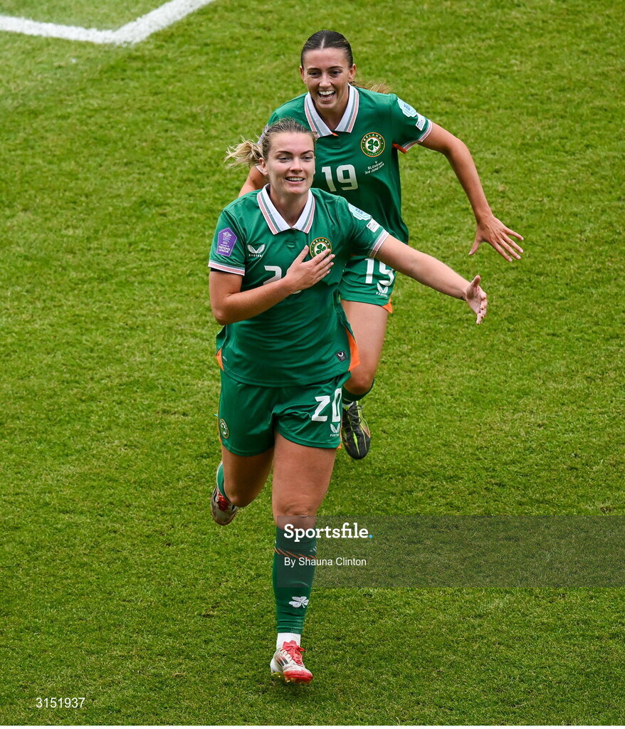 3 June 2025; Saoirse Noonan of Republic of Ireland, 20, celebrates after scoring her side's first goal during the UEFA Women's Nations League, League B match between Republic of Ireland and Slovenia at Páirc Uí Chaoimh in Cork. Photo by Shauna Clinton/Sportsfile