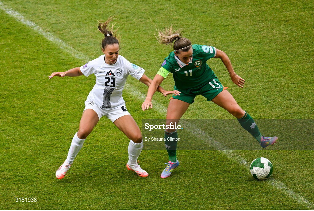 3 June 2025; Katie McCabe of Republic of Ireland in action against Maja Sternad of Slovenia during the UEFA Women's Nations League, League B match between Republic of Ireland and Slovenia at Páirc Uí Chaoimh in Cork. Photo by Shauna Clinton/Sportsfile