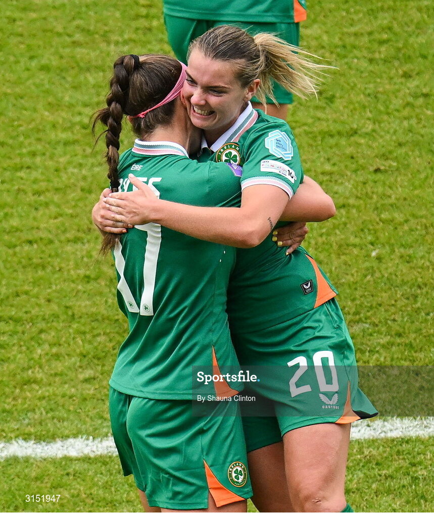 3 June 2025; Saoirse Noonan of Republic of Ireland, right, celebrates with teammate Caitlin Hayes after scoring their side's first goal during the UEFA Women's Nations League, League B match between Republic of Ireland and Slovenia at Páirc Uí Chaoimh in Cork. Photo by Shauna Clinton/Sportsfile