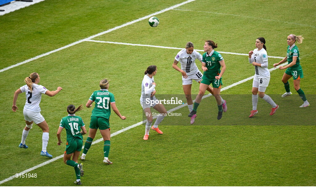 3 June 2025; Emily Murphy of Republic of Ireland has a header on goal during the UEFA Women's Nations League, League B match between Republic of Ireland and Slovenia at Páirc Uí Chaoimh in Cork. Photo by Shauna Clinton/Sportsfile