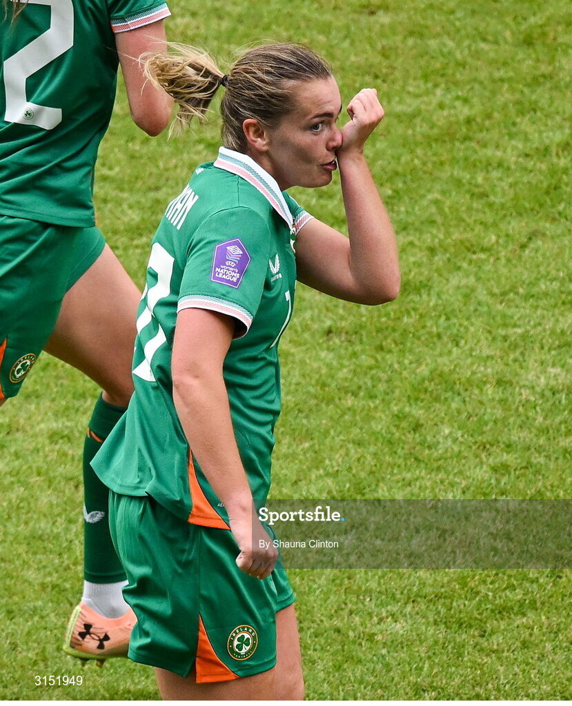 3 June 2025; Saoirse Noonan of Republic of Ireland celebrates after scoring her side's first goal during the UEFA Women's Nations League, League B match between Republic of Ireland and Slovenia at Páirc Uí Chaoimh in Cork. Photo by Shauna Clinton/Sportsfile