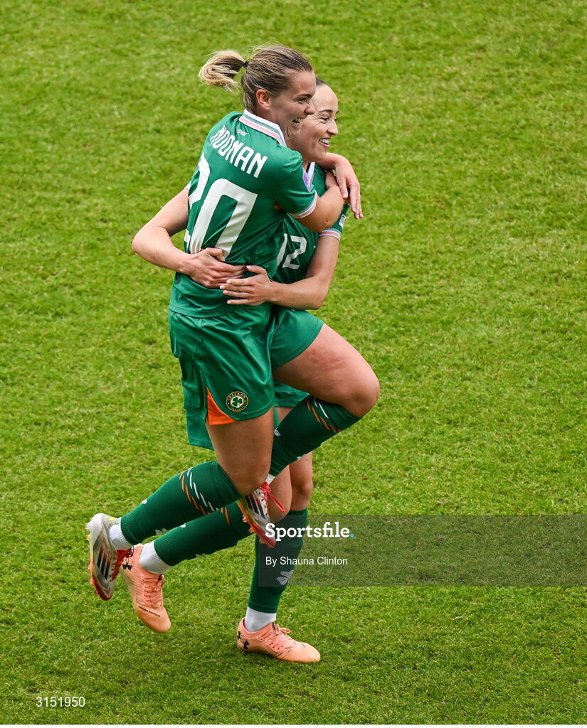 3 June 2025; Saoirse Noonan of Republic of Ireland celebrates with teammate Anna Patten after scoring their side's first goal during the UEFA Women's Nations League, League B match between Republic of Ireland and Slovenia at Páirc Uí Chaoimh in Cork. Photo by Shauna Clinton/Sportsfile