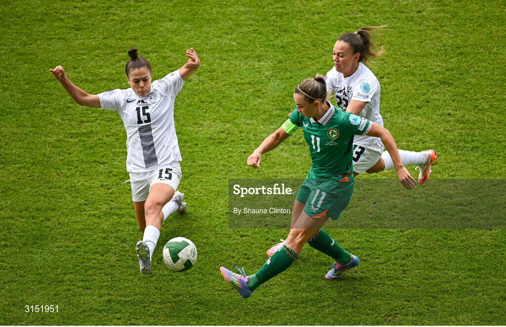 3 June 2025; Katie McCabe of Republic of Ireland in action against Zala Kuštrin and Sara Makovec of Slovenia during the UEFA Women's Nations League, League B match between Republic of Ireland and Slovenia at Páirc Uí Chaoimh in Cork. Photo by Shauna Clinton/Sportsfile