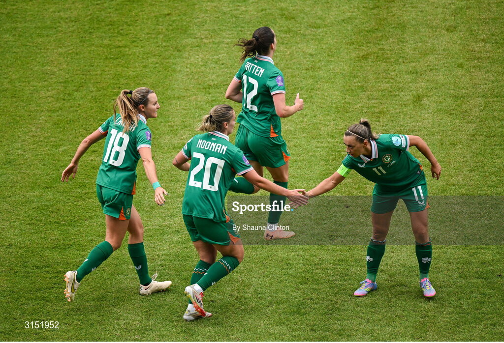 3 June 2025; Saoirse Noonan of Republic of Ireland, 20, celebrates with teammate Katie McCabe after scoring their side's first goal during the UEFA Women's Nations League, League B match between Republic of Ireland and Slovenia at Páirc Uí Chaoimh in Cork. Photo by Shauna Clinton/Sportsfile