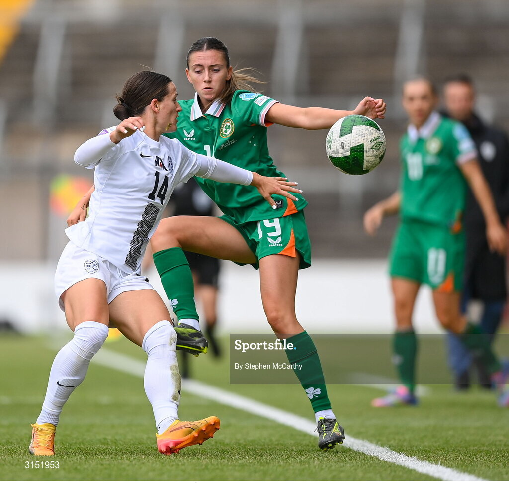 3 June 2025; Abbie Larkin of Republic of Ireland in action against Špela Kolbl of Slovenia during the UEFA Women's Nations League, League B match between Republic of Ireland and Slovenia at Páirc Uí Chaoimh in Cork. Photo by Stephen McCarthy/Sportsfile