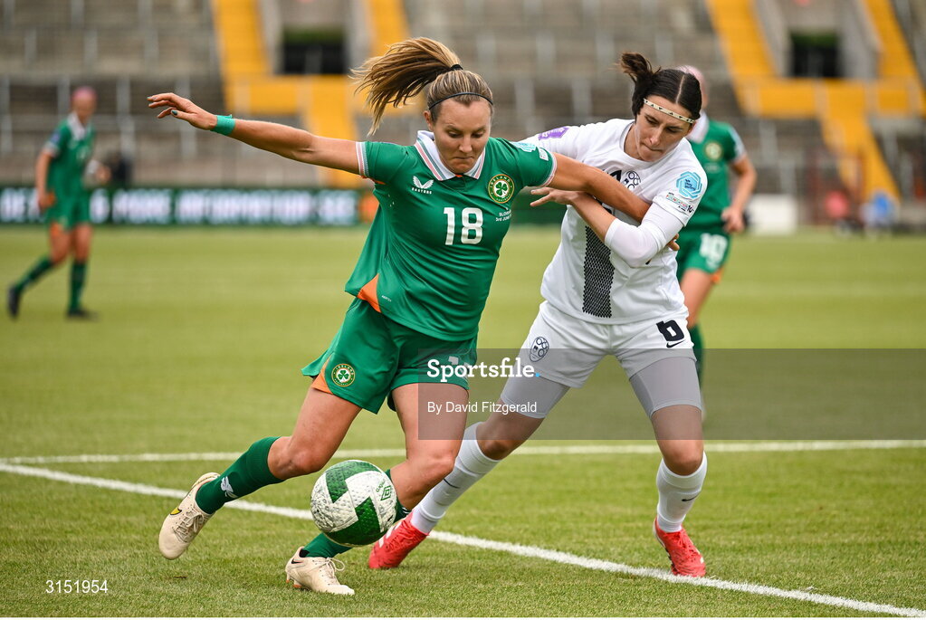 3 June 2025; Kyra Carusa of Republic of Ireland in action against Kaja Korošec of Slovenia during the UEFA Women's Nations League, League B match between Republic of Ireland and Slovenia at Páirc Uí Chaoimh in Cork. Photo by David Fitzgerald/Sportsfile