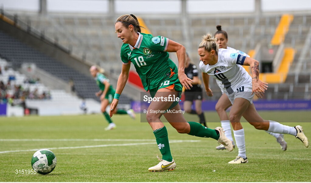 3 June 2025; Kyra Carusa of Republic of Ireland in action against Dominika Conc of Slovenia during the UEFA Women's Nations League, League B match between Republic of Ireland and Slovenia at Páirc Uí Chaoimh in Cork. Photo by Stephen McCarthy/Sportsfile
