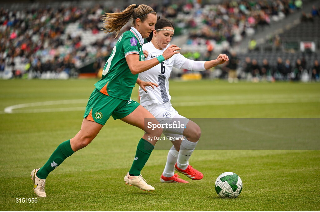 3 June 2025; Kyra Carusa of Republic of Ireland in action against Kaja Korošec of Slovenia during the UEFA Women's Nations League, League B match between Republic of Ireland and Slovenia at Páirc Uí Chaoimh in Cork. Photo by David Fitzgerald/Sportsfile