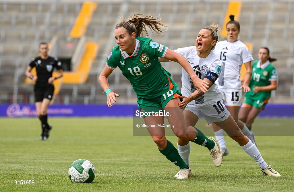 3 June 2025; Kyra Carusa of Republic of Ireland in action against Dominika Conc of Slovenia during the UEFA Women's Nations League, League B match between Republic of Ireland and Slovenia at Páirc Uí Chaoimh in Cork. Photo by Stephen McCarthy/Sportsfile