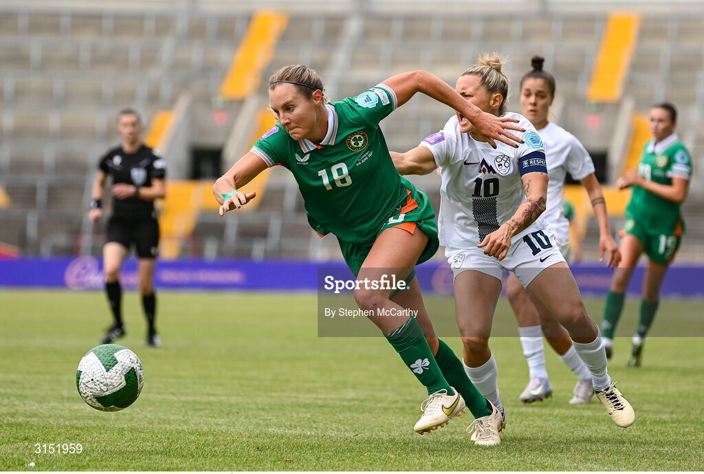3 June 2025; Kyra Carusa of Republic of Ireland in action against Dominika Conc of Slovenia during the UEFA Women's Nations League, League B match between Republic of Ireland and Slovenia at Páirc Uí Chaoimh in Cork. Photo by Stephen McCarthy/Sportsfile