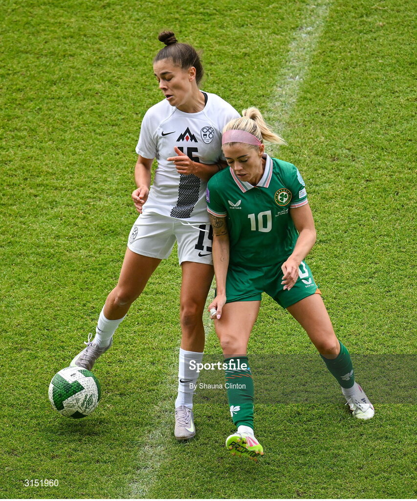 3 June 2025; Denise O'Sullivan of Republic of Ireland in action against Sara Makovec of Slovenia during the UEFA Women's Nations League, League B match between Republic of Ireland and Slovenia at Páirc Uí Chaoimh in Cork. Photo by Shauna Clinton/Sportsfile