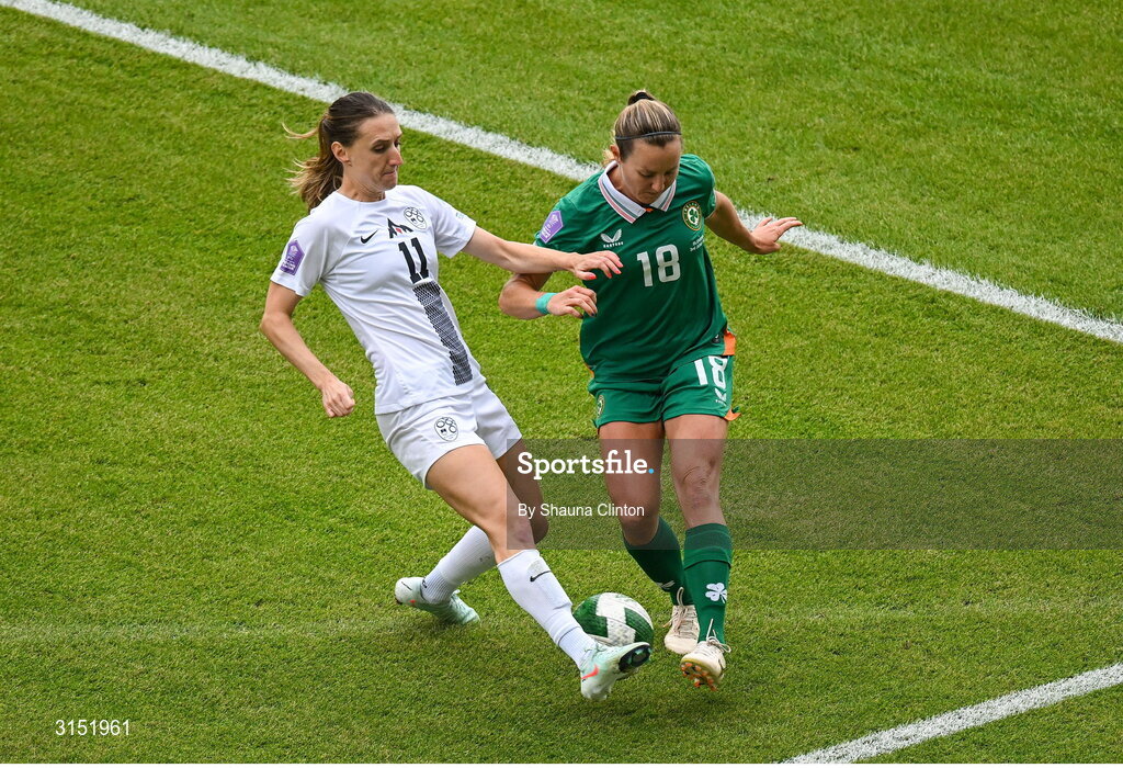 3 June 2025; Kyra Carusa of Republic of Ireland in action against Lara Prašnikar of Slovenia during the UEFA Women's Nations League, League B match between Republic of Ireland and Slovenia at Páirc Uí Chaoimh in Cork. Photo by Shauna Clinton/Sportsfile