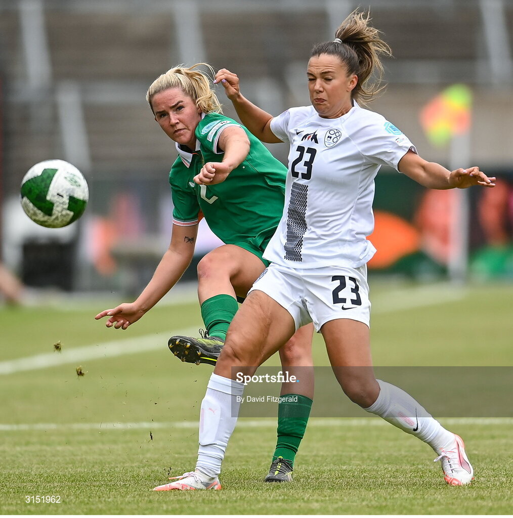 3 June 2025; Jessie Stapleton of Republic of Ireland in action against Maja Sternad of Slovenia during the UEFA Women's Nations League, League B match between Republic of Ireland and Slovenia at Páirc Uí Chaoimh in Cork. Photo by David Fitzgerald/Sportsfile
