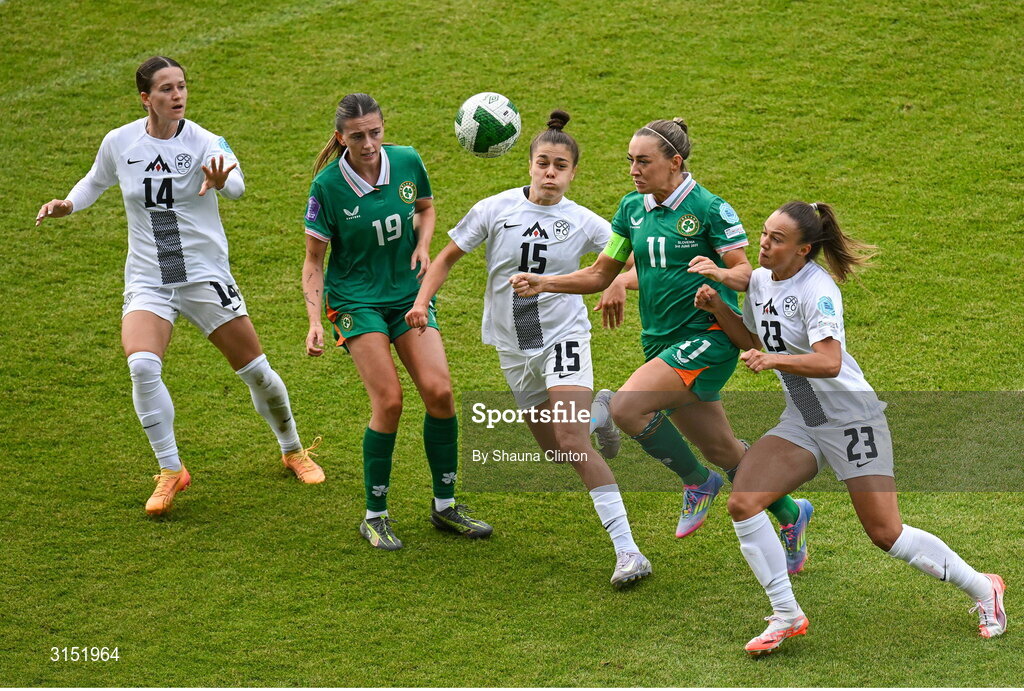 3 June 2025; Katie McCabe of Republic of Ireland in action against Sara Makovec and Maja Sternad of Slovenia during the UEFA Women's Nations League, League B match between Republic of Ireland and Slovenia at Páirc Uí Chaoimh in Cork. Photo by Shauna Clinton/Sportsfile