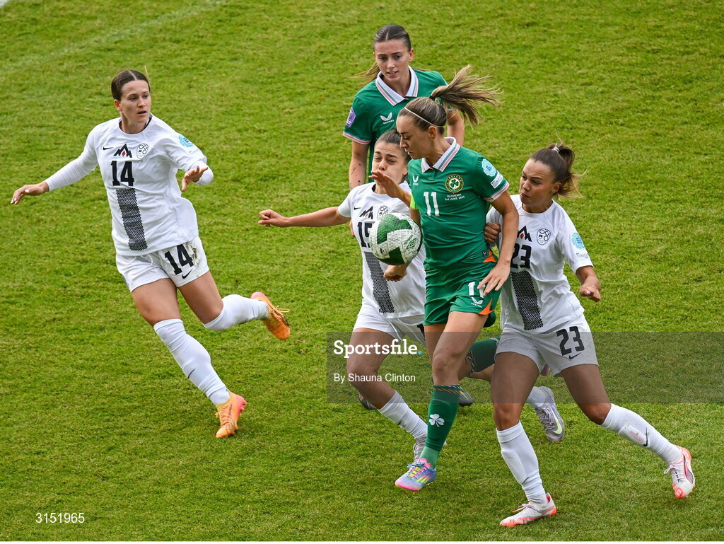 3 June 2025; Katie McCabe of Republic of Ireland in action against Sara Makovec and Maja Sternad of Slovenia during the UEFA Women's Nations League, League B match between Republic of Ireland and Slovenia at Páirc Uí Chaoimh in Cork. Photo by Shauna Clinton/Sportsfile