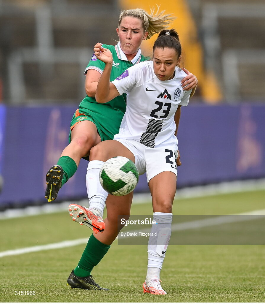 3 June 2025; Maja Sternad of Slovenia in action against Jessie Stapleton of Republic of Ireland during the UEFA Women's Nations League, League B match between Republic of Ireland and Slovenia at Páirc Uí Chaoimh in Cork. Photo by David Fitzgerald/Sportsfile