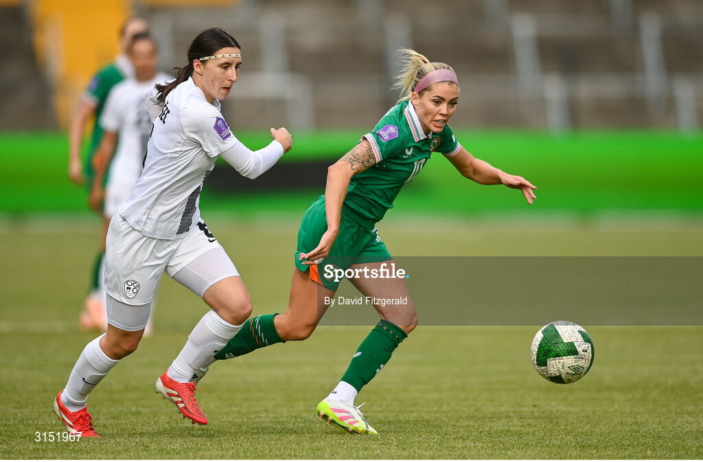 3 June 2025; Denise O'Sullivan of Republic of Ireland in action against Kaja Korošec of Slovenia during the UEFA Women's Nations League, League B match between Republic of Ireland and Slovenia at Páirc Uí Chaoimh in Cork. Photo by David Fitzgerald/Sportsfile