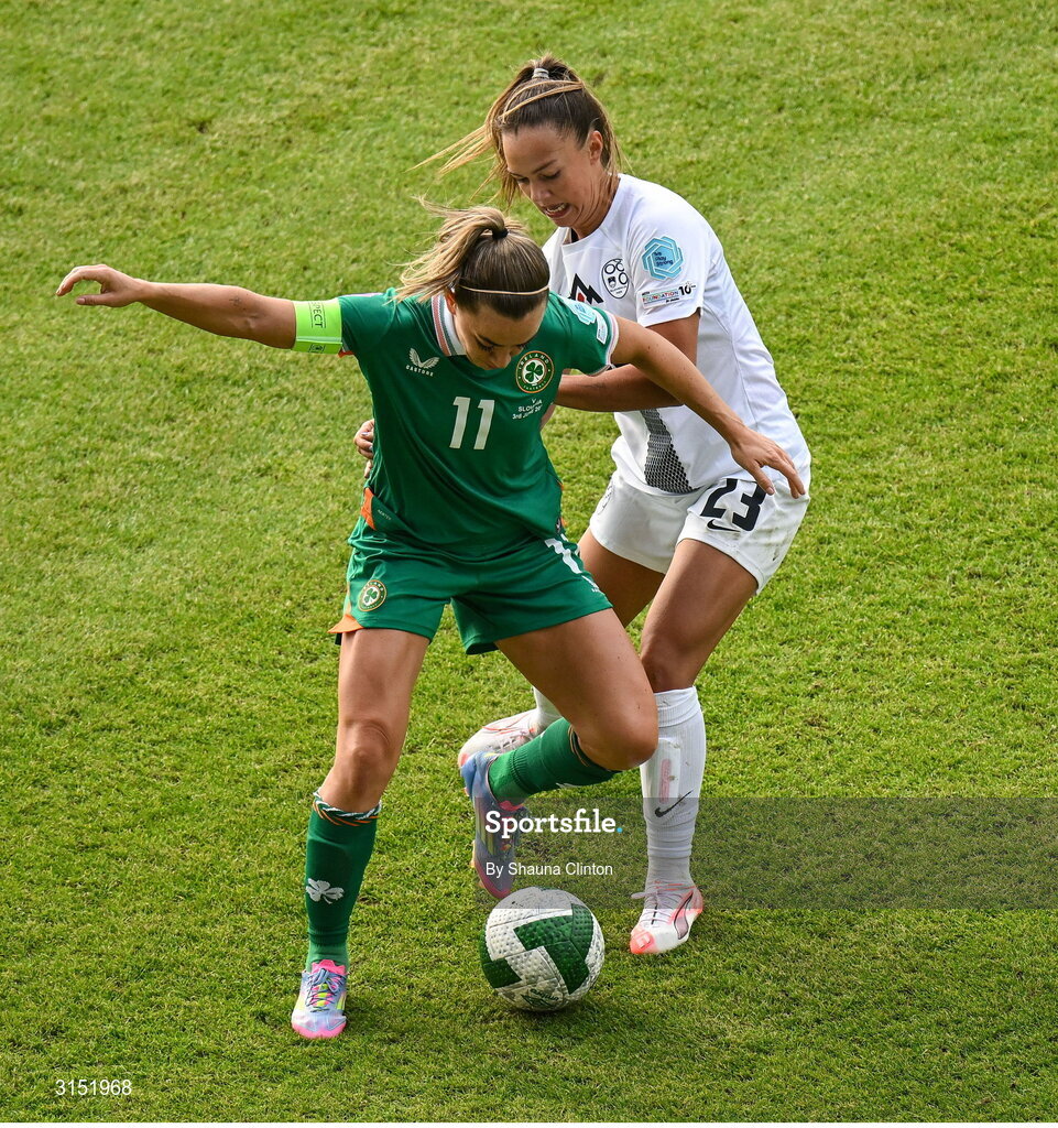 3 June 2025; Katie McCabe of Republic of Ireland in action against Maja Sternad of Slovenia during the UEFA Women's Nations League, League B match between Republic of Ireland and Slovenia at Páirc Uí Chaoimh in Cork. Photo by Shauna Clinton/Sportsfile