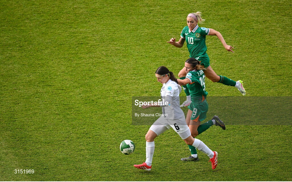 3 June 2025; Kaja Korošec of Slovenia in action against Abbie Larkin of Republic of Ireland during the UEFA Women's Nations League, League B match between Republic of Ireland and Slovenia at Páirc Uí Chaoimh in Cork. Photo by Shauna Clinton/Sportsfile