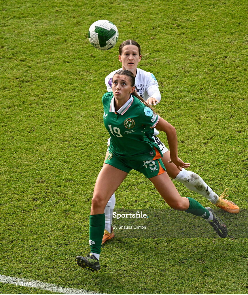 3 June 2025; Abbie Larkin of Republic of Ireland in action against Špela Kolbl of Slovenia during the UEFA Women's Nations League, League B match between Republic of Ireland and Slovenia at Páirc Uí Chaoimh in Cork. Photo by Shauna Clinton/Sportsfile