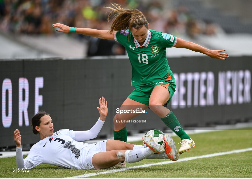 3 June 2025; Kyra Carusa of Republic of Ireland in action against Sara Agrež of Slovenia during the UEFA Women's Nations League, League B match between Republic of Ireland and Slovenia at Páirc Uí Chaoimh in Cork. Photo by David Fitzgerald/Sportsfile