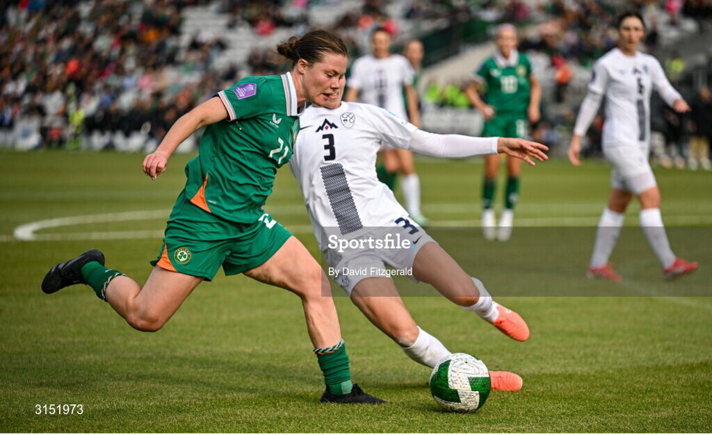 3 June 2025; Emily Murphy of Republic of Ireland in action against Sara Agrež of Slovenia during the UEFA Women's Nations League, League B match between Republic of Ireland and Slovenia at Páirc Uí Chaoimh in Cork. Photo by David Fitzgerald/Sportsfile