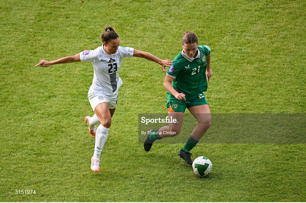 3 June 2025; Emily Murphy of Republic of Ireland in action against Maja Sternad of Slovenia during the UEFA Women's Nations League, League B match between Republic of Ireland and Slovenia at Páirc Uí Chaoimh in Cork. Photo by Shauna Clinton/Sportsfile