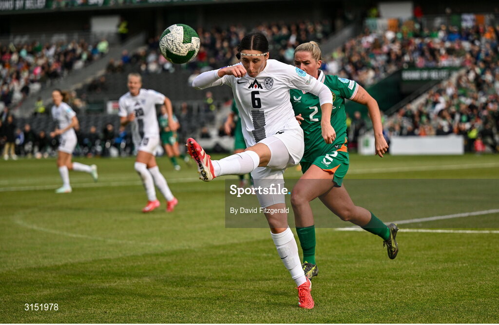 3 June 2025; Kaja Korošec of Slovenia in action against Jessie Stapleton of Republic of Ireland during the UEFA Women's Nations League, League B match between Republic of Ireland and Slovenia at Páirc Uí Chaoimh in Cork. Photo by David Fitzgerald/Sportsfile