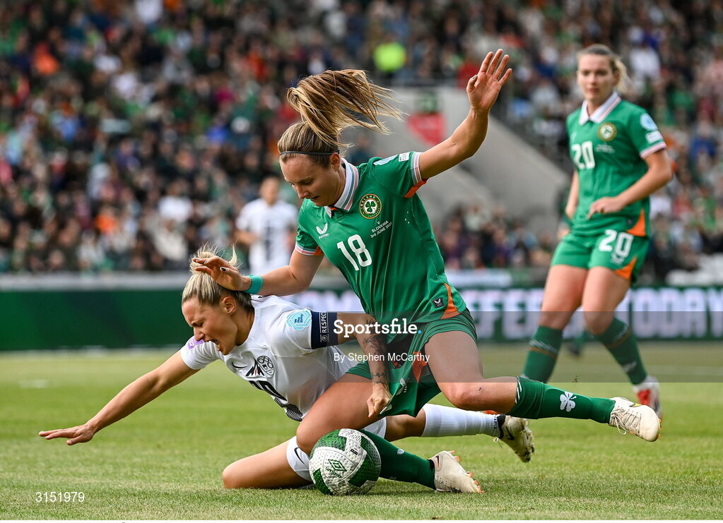 3 June 2025; Dominika Conc of Slovenia in action against Kyra Carusa of Republic of Ireland during the UEFA Women's Nations League, League B match between Republic of Ireland and Slovenia at Páirc Uí Chaoimh in Cork. Photo by Stephen McCarthy/Sportsfile