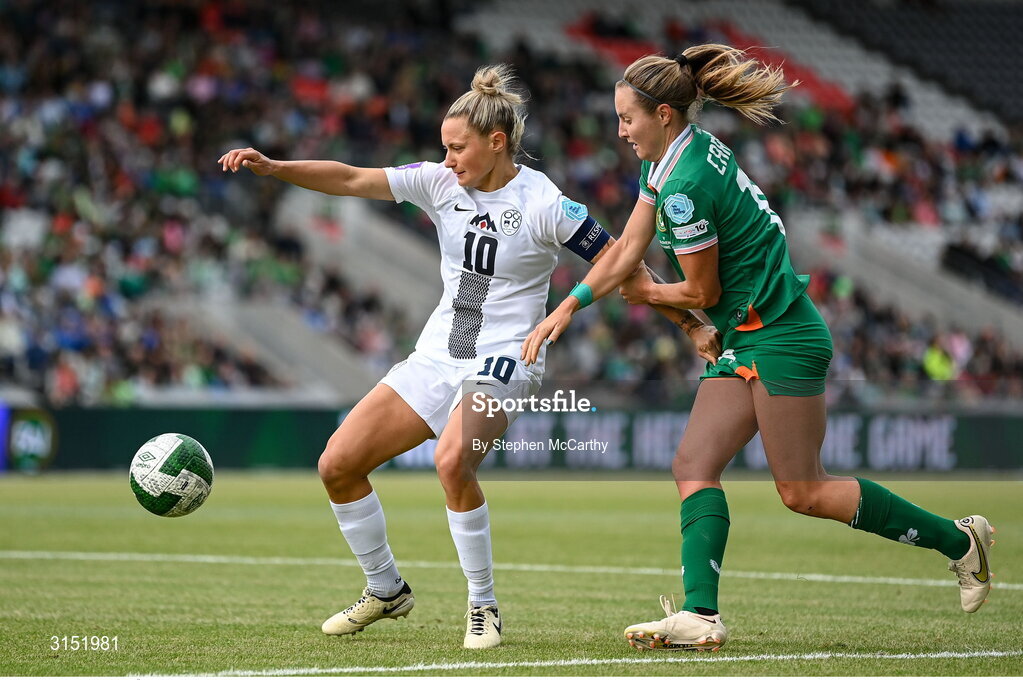 3 June 2025; Dominika Conc of Slovenia in action against Kyra Carusa of Republic of Ireland during the UEFA Women's Nations League, League B match between Republic of Ireland and Slovenia at Páirc Uí Chaoimh in Cork. Photo by Stephen McCarthy/Sportsfile