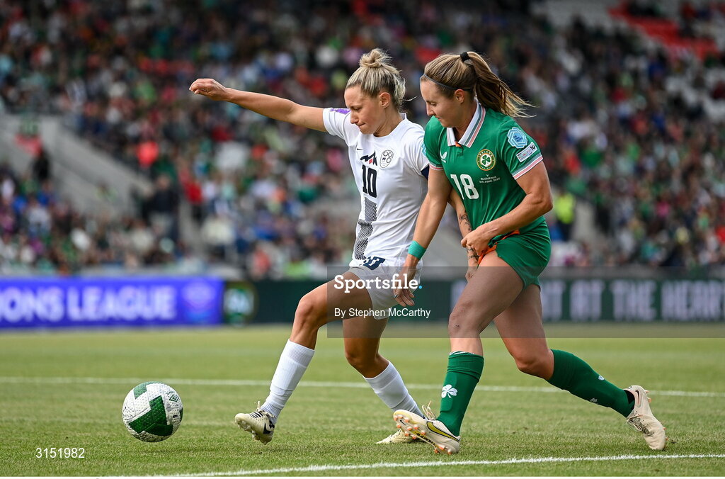 3 June 2025; Dominika Conc of Slovenia in action against Kyra Carusa of Republic of Ireland during the UEFA Women's Nations League, League B match between Republic of Ireland and Slovenia at Páirc Uí Chaoimh in Cork. Photo by Stephen McCarthy/Sportsfile