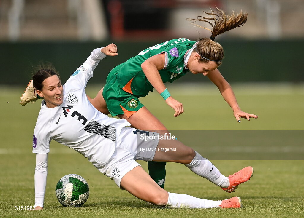3 June 2025; Sara Agrež of Slovenia tackled Kyra Carusa of Republic of Ireland during the UEFA Women's Nations League, League B match between Republic of Ireland and Slovenia at Páirc Uí Chaoimh in Cork. Photo by David Fitzgerald/Sportsfile